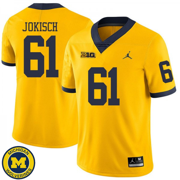 Mens University of Michigan #61 Dan Jokisch Yellow Jordan Brand Replica Jersey